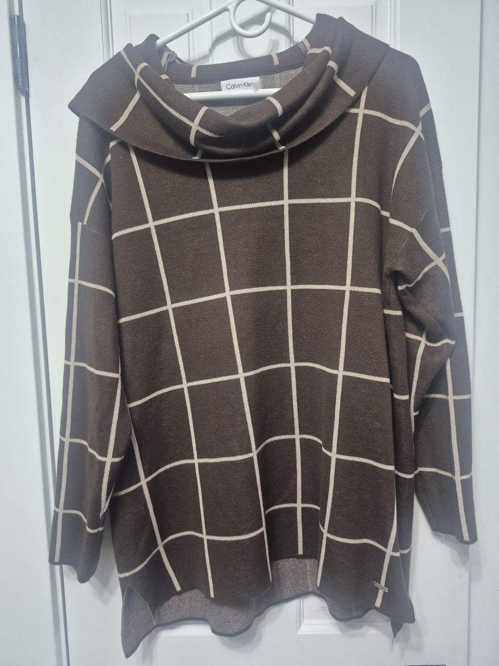 Calvin Klein Brown Windowpane Cowl Neck Sweater with Cream Grid